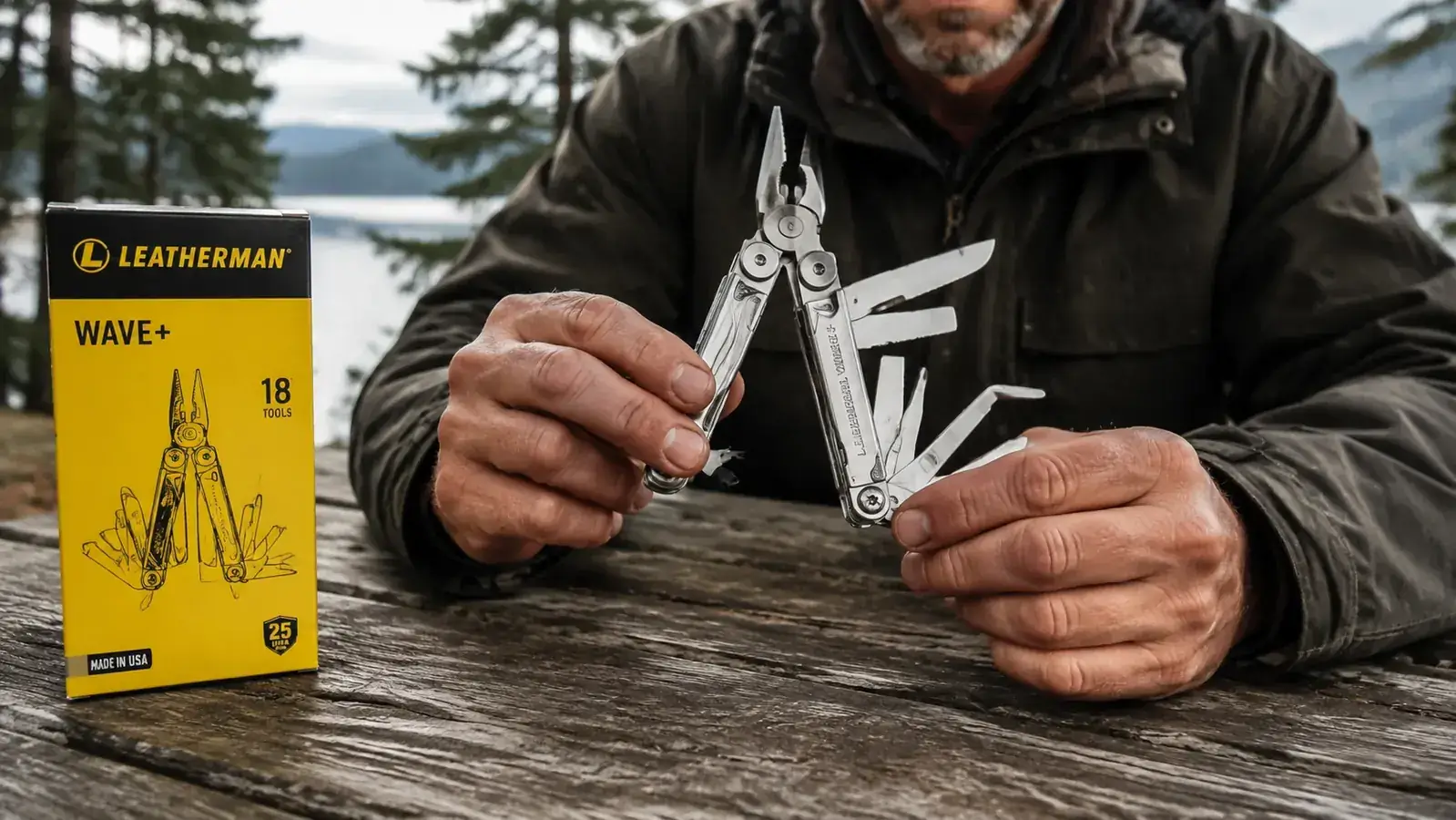 Leatherman Wave+ tools fanned open showing scissors, blade, file, saw, and screwdrivers on a wood camp table
