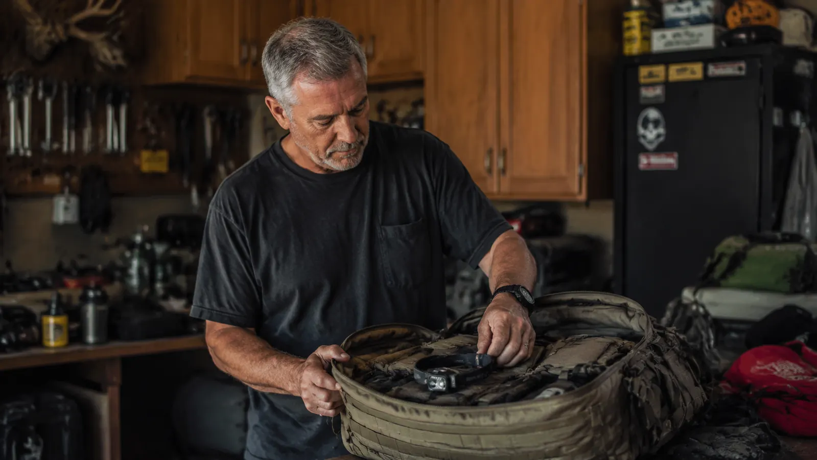 Prepper packing a bug-out bag in a garage with gear laid out on a workbench, Leatherman visible among the items