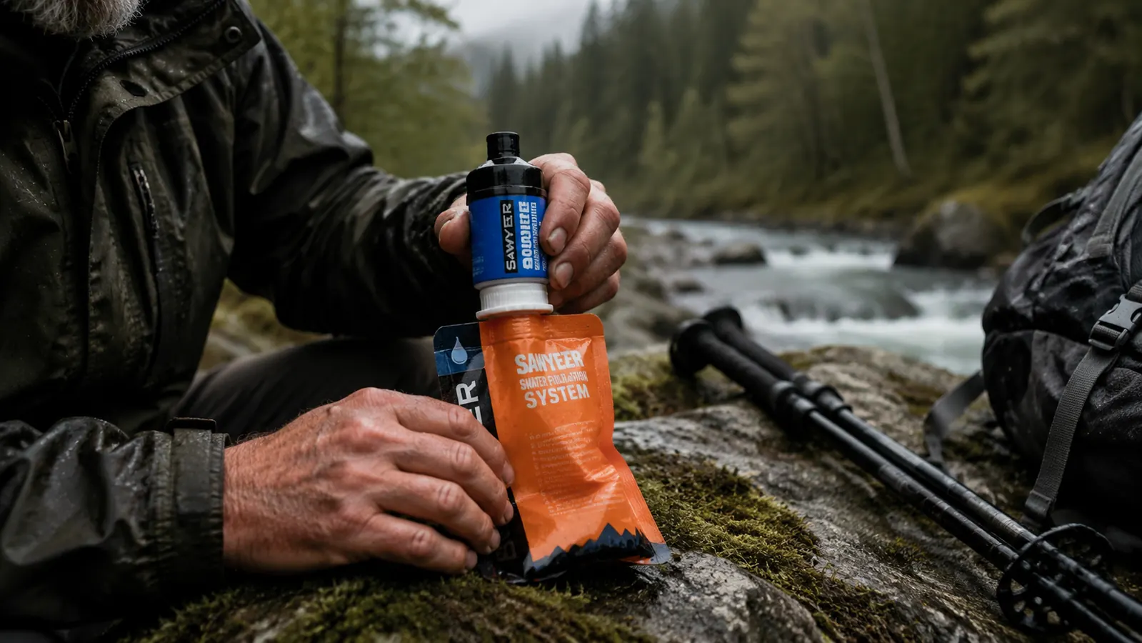 Sawyer Squeeze water filter and two soft pouches laid out on a flat rock beside a trail