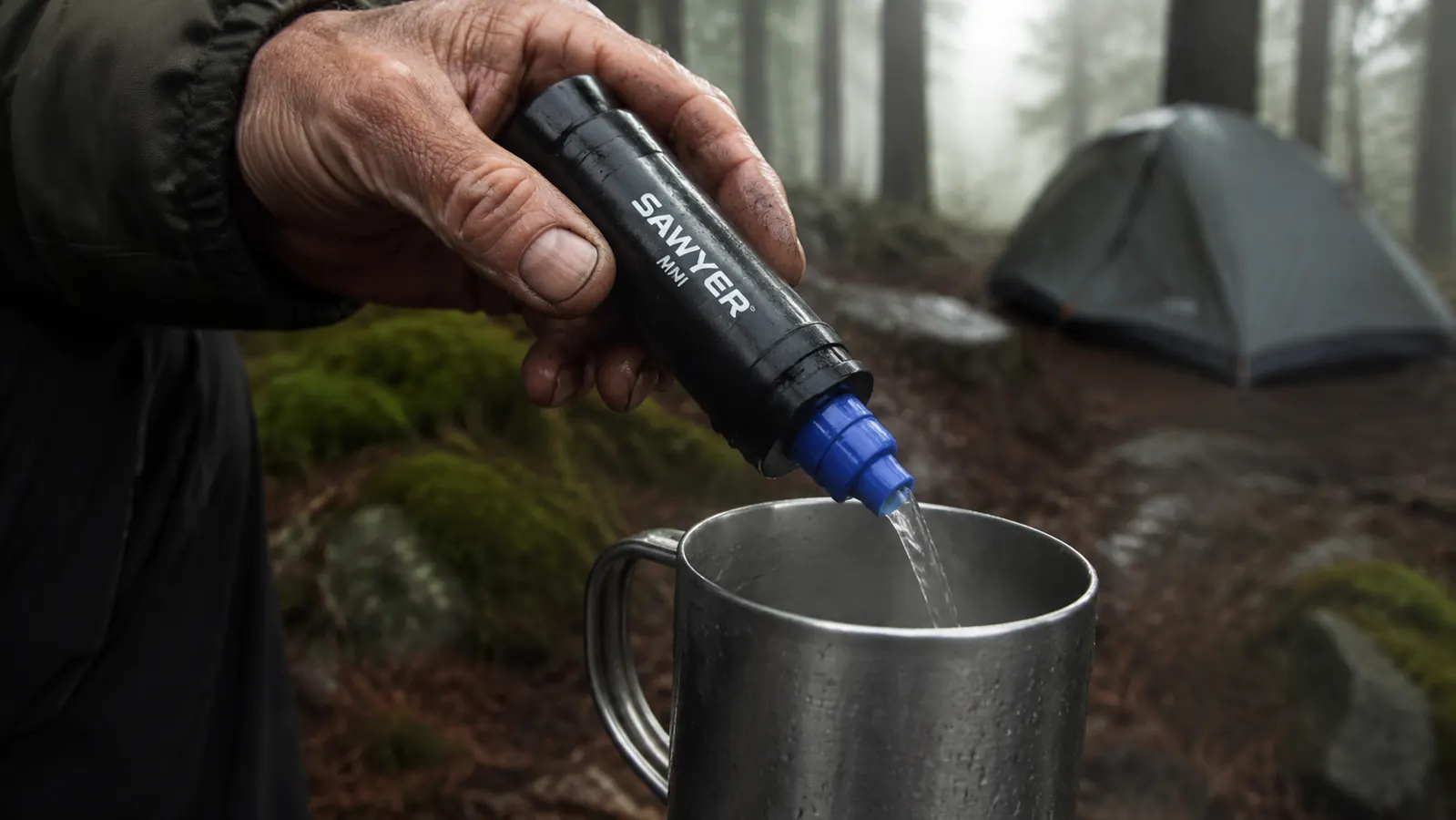 Hiker's hand holding a Sawyer Squeeze filter over a stainless camp mug at a morning camp in foggy forest