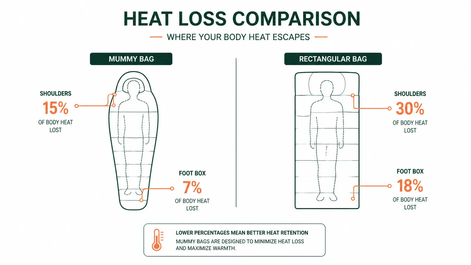 Side-by-side heat retention comparison chart showing mummy bag versus rectangular bag temperature zones