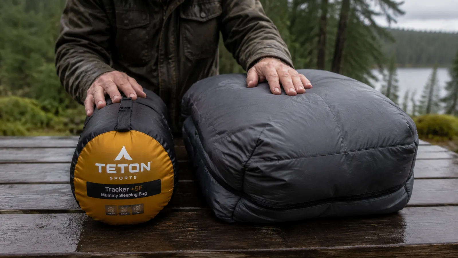 Mummy sleeping bag compressed into a small stuff sack next to a large rectangular bag