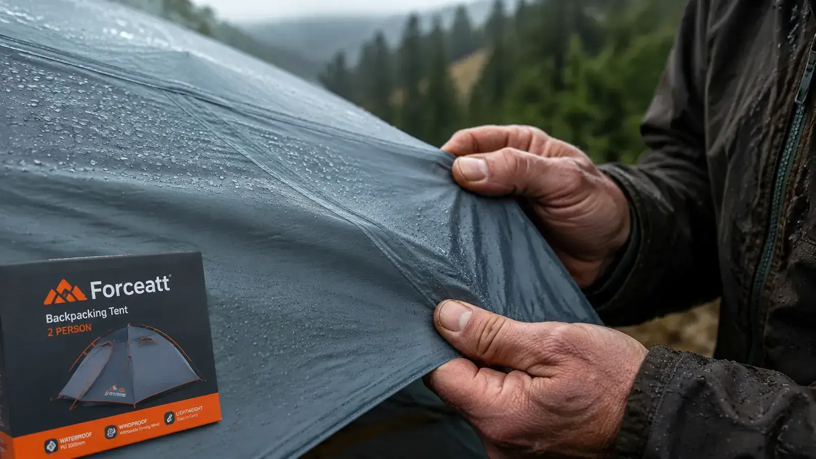 Close-up of the Forceatt tent rainfly seam showing taped seams and zipper storm flap