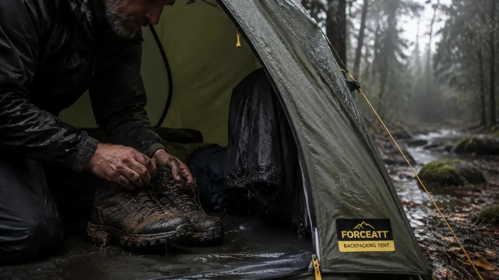 Forceatt tent vestibule with hiking boots and a wet rain jacket stored inside out of the rain