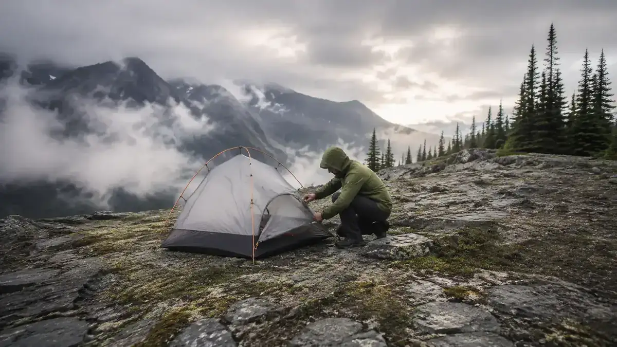Hiker setting up tent poles in the rain near a Washington Cascades ridgeline