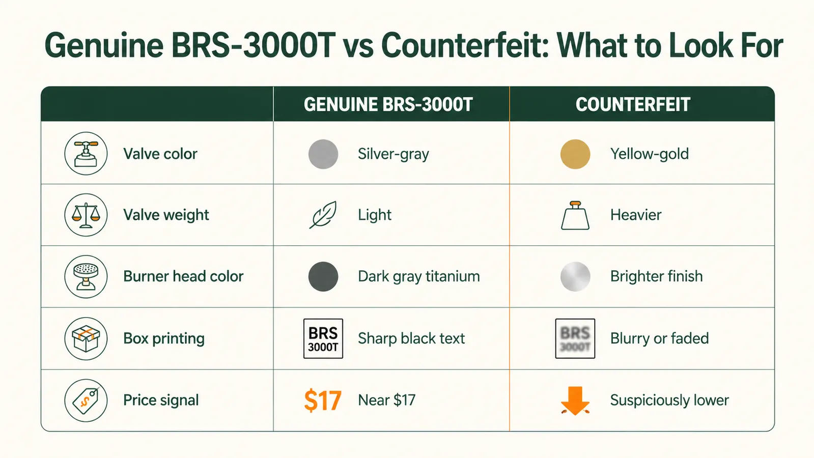 Side-by-side comparison chart showing genuine titanium versus brass-substitute BRS-3000T valve stem characteristics
