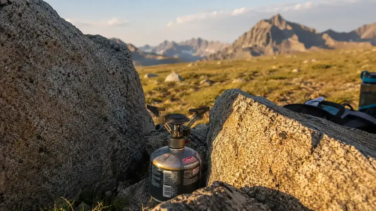BRS-3000T stove on a canister in a sheltered cooking spot between two large rocks on a PNW alpine trail