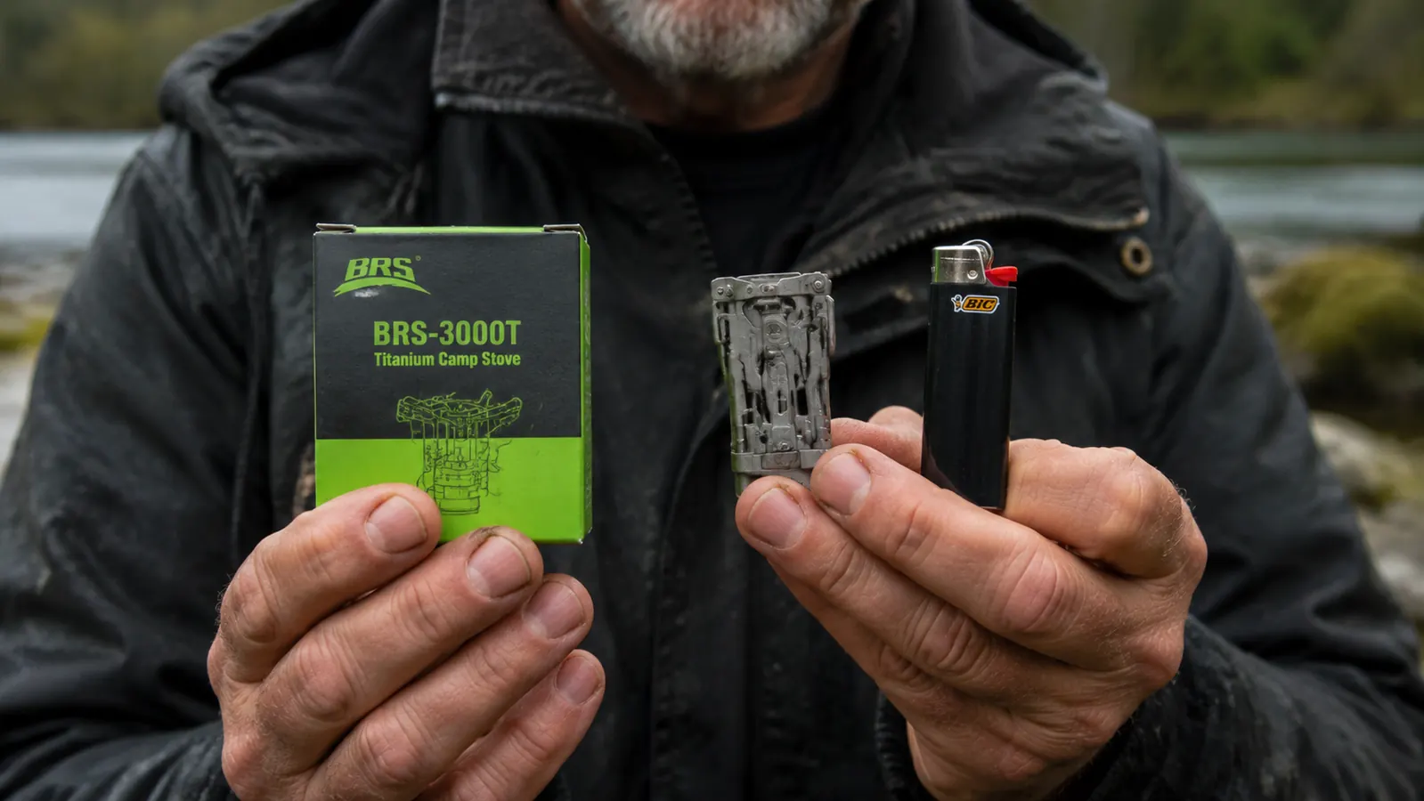 Hand holding a BRS-3000T stove next to a disposable lighter showing relative scale