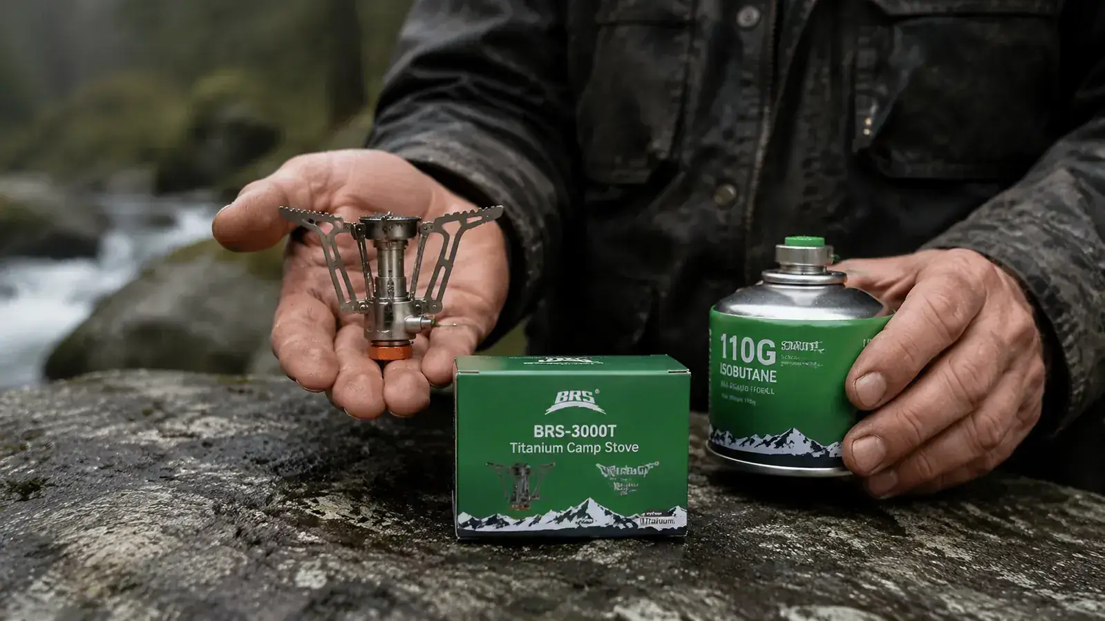Hand holding the BRS-3000T stove next to a 110g isobutane canister showing the compact size relationship