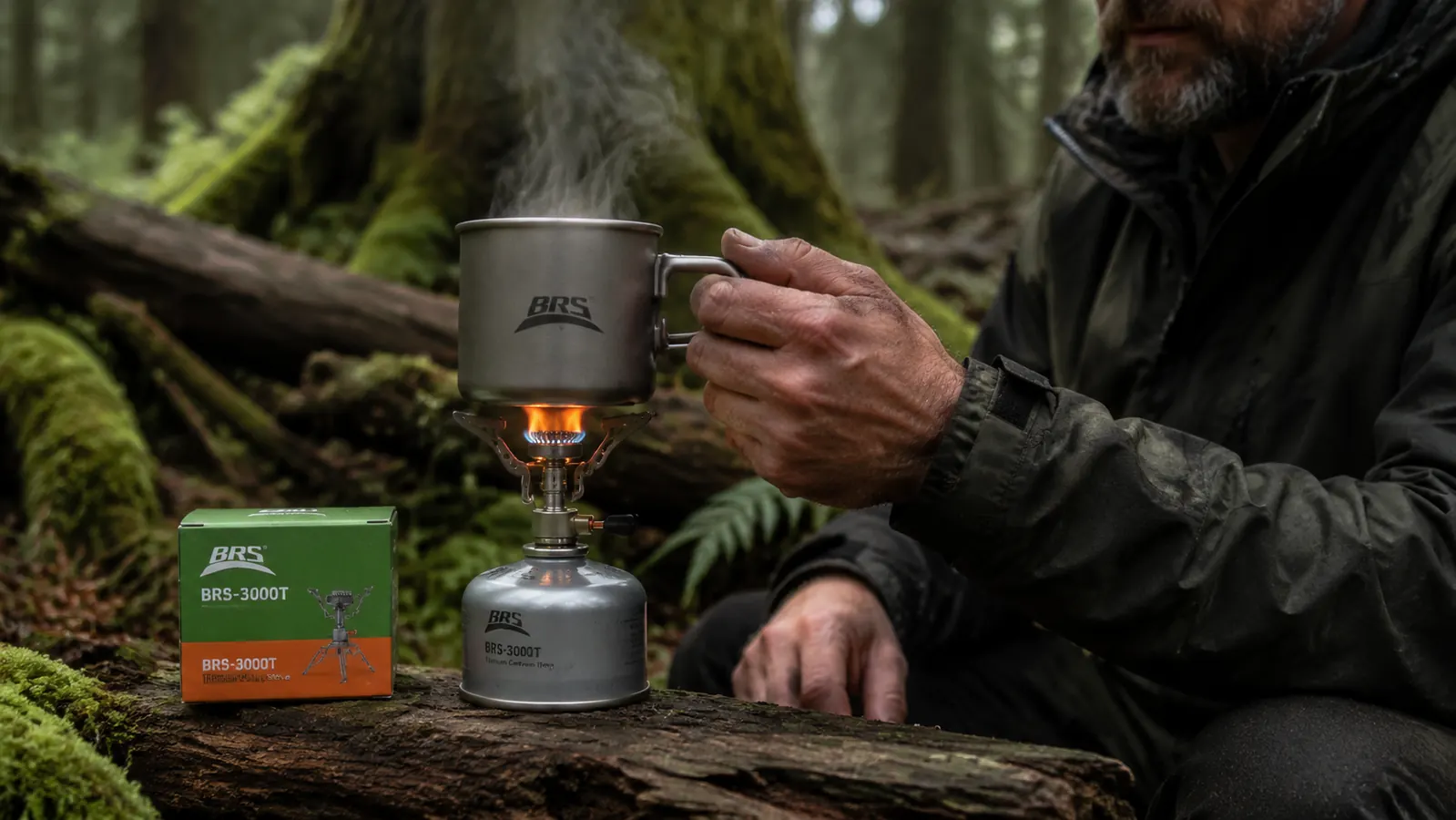 BRS-3000T mounted on a 230g canister boiling water in a titanium mug at a PNW trailside camp