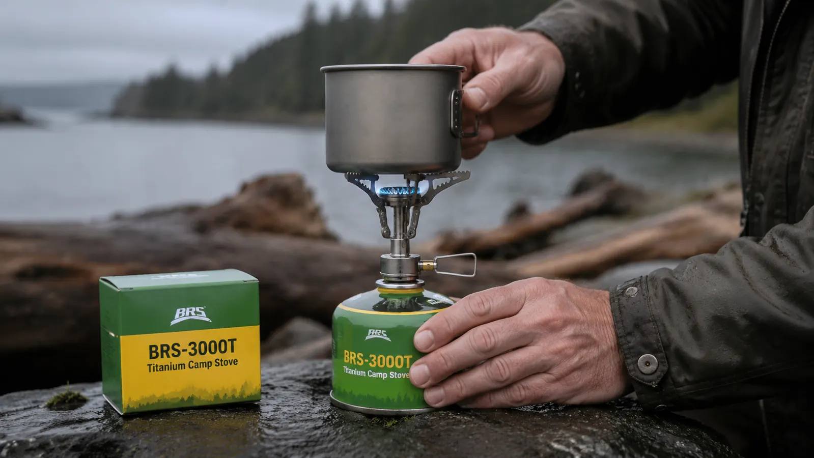BRS-3000T stove mounted on a fuel canister with a small titanium pot, hand visible steadying the pot on a log