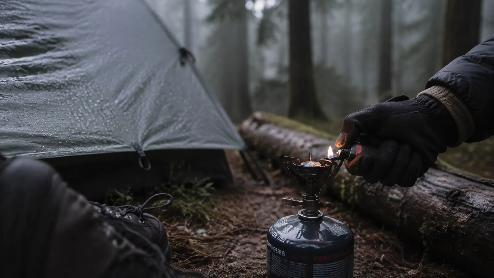 Gloved hand lighting a canister stove at a foggy October camp in the Washington Cascades