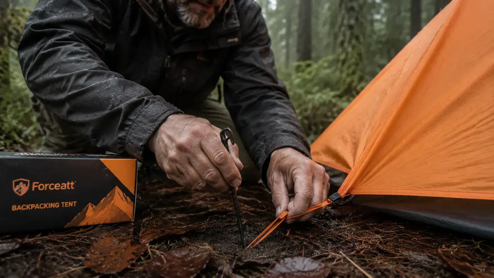 Hand staking out the rainfly of a backpacking tent in light rain, wet pine needles on the ground