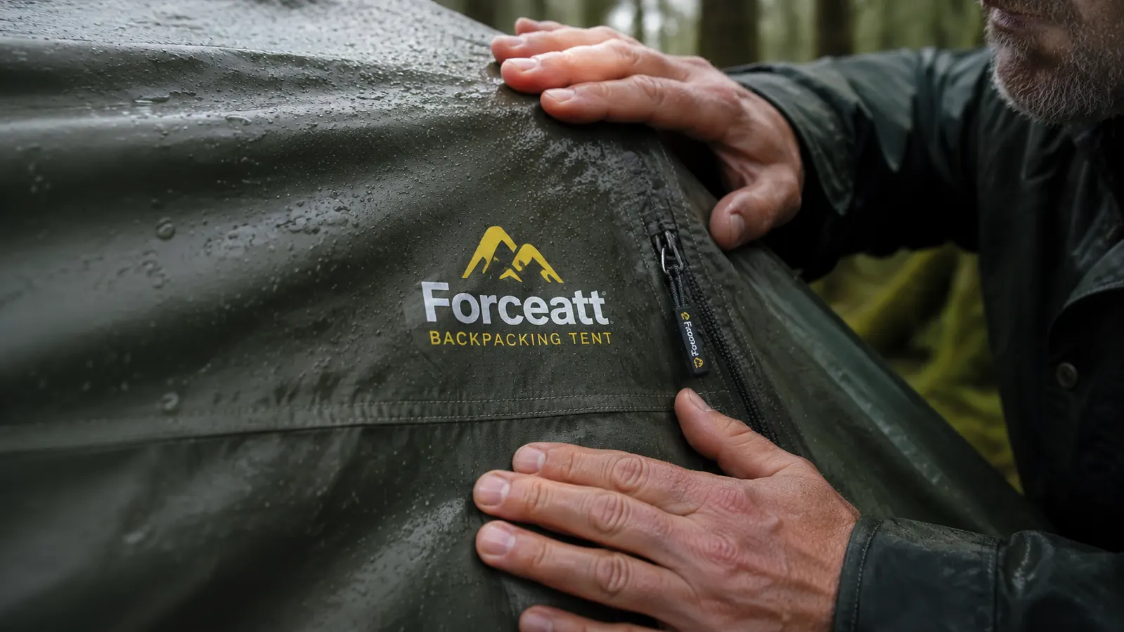 Close-up of tent seams and zipper with water droplets beading on the rainfly fabric