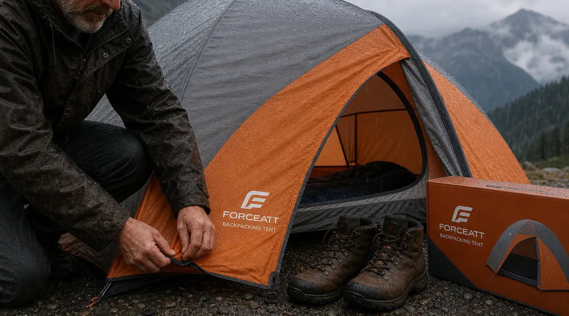 Forceatt tent pitched on a rocky alpine campsite with rain visible on the fly