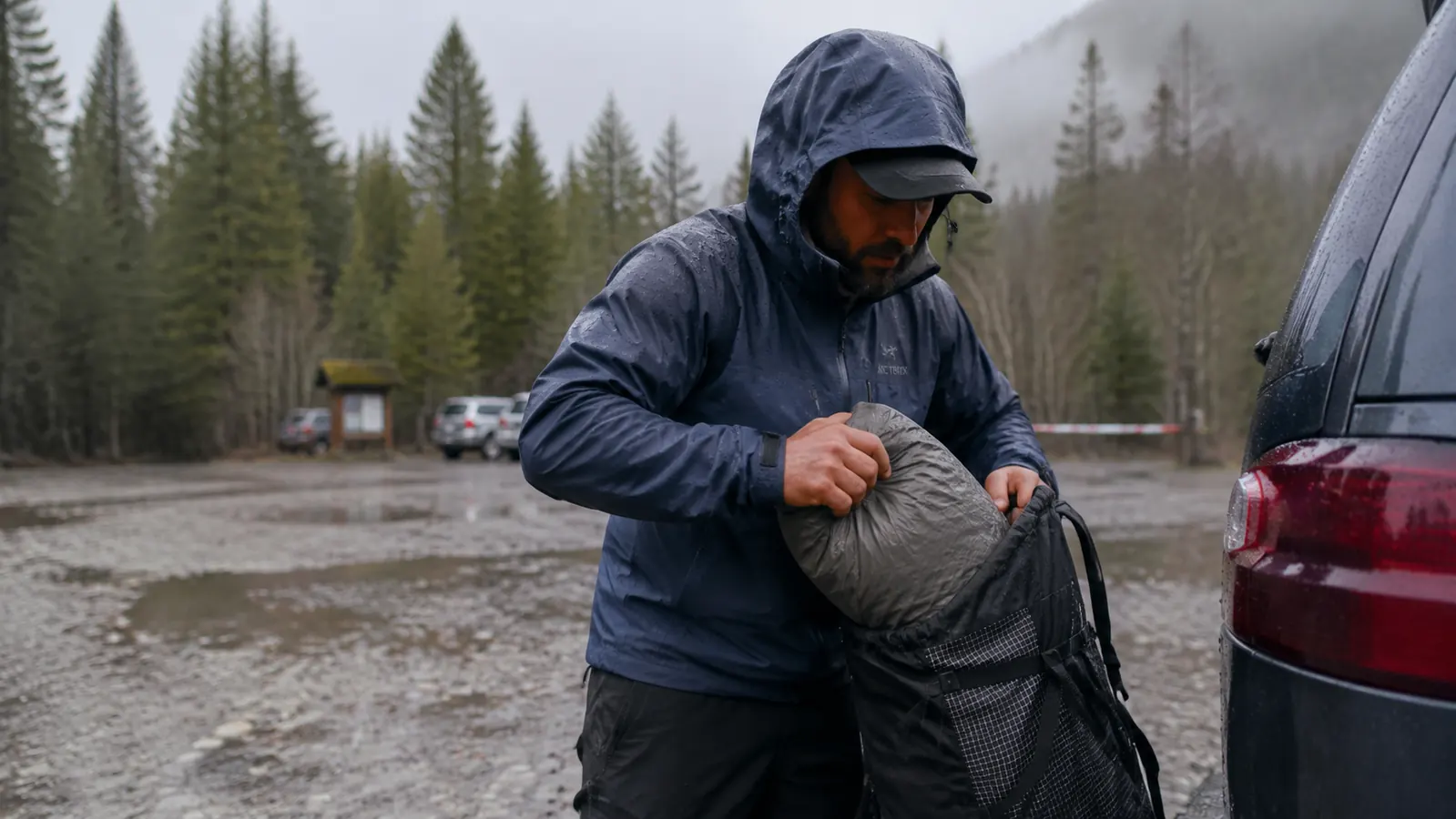 Backpacker folding up a tent and stuffing it into a pack at a rainy trailhead