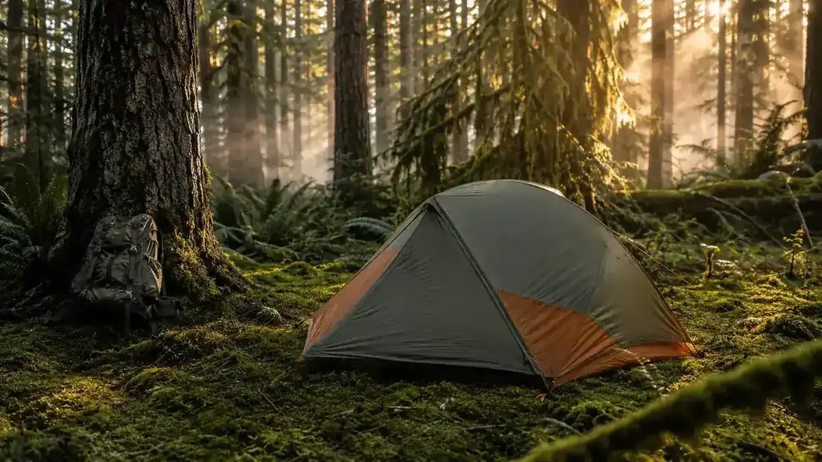 A backpacking tent pitched on a quiet Cascades ridge at golden hour with evergreens behind