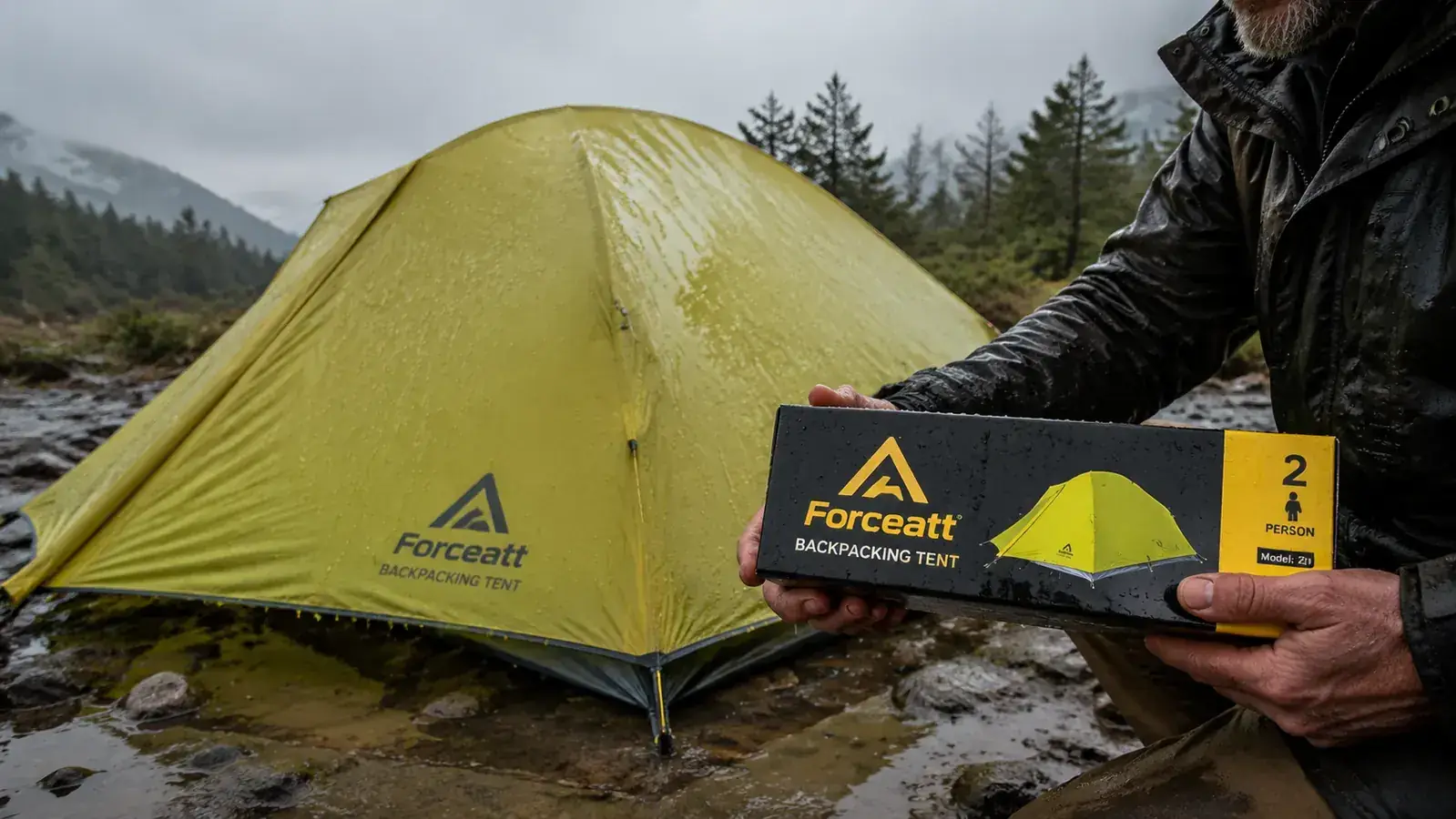 Forceatt backpacking tent set up on a rocky campsite with rain beading on the fly