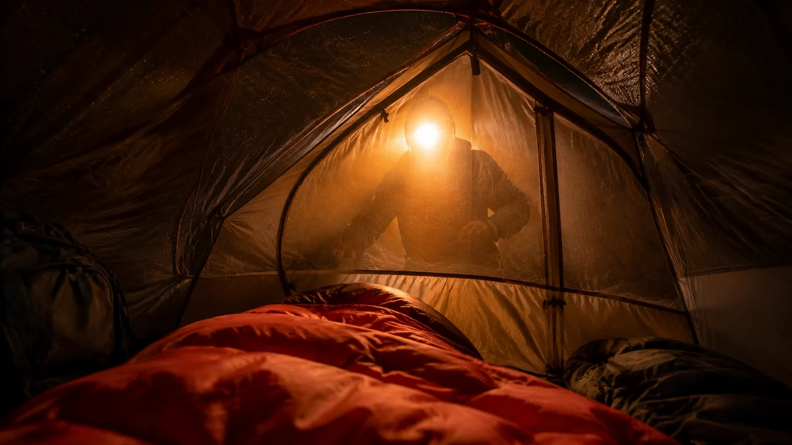 Interior view of a backpacking tent at night, headlamp glow visible through the mesh inner wall