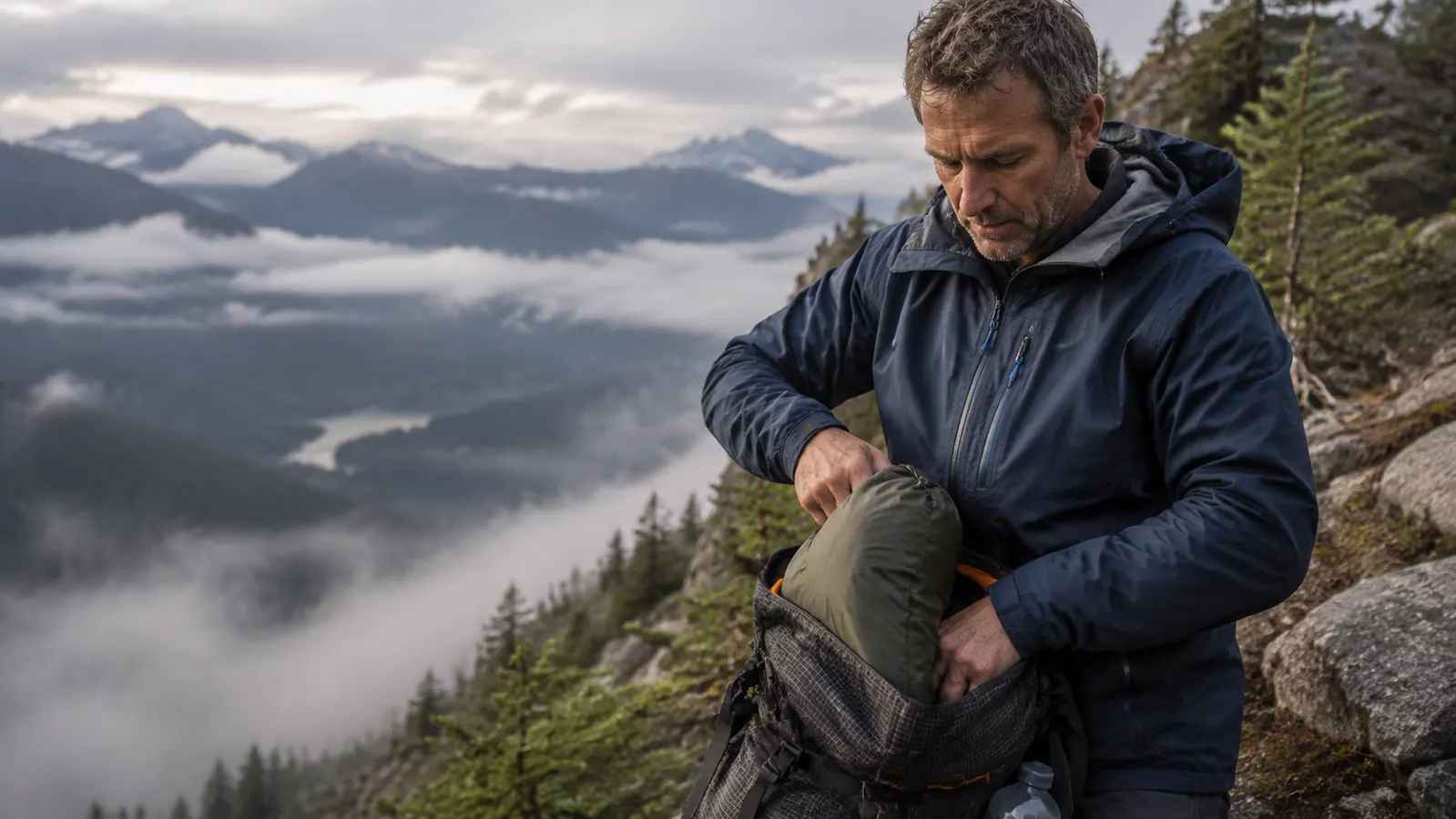 Hiker packing a tent into a backpack on a mountain trail with misty forest below