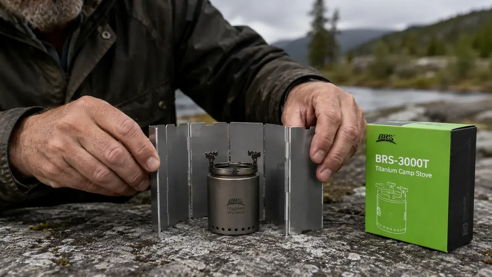 Hand positioning a windscreen collar around a BRS-3000T stove attached to a canister on a rocky backcountry surface