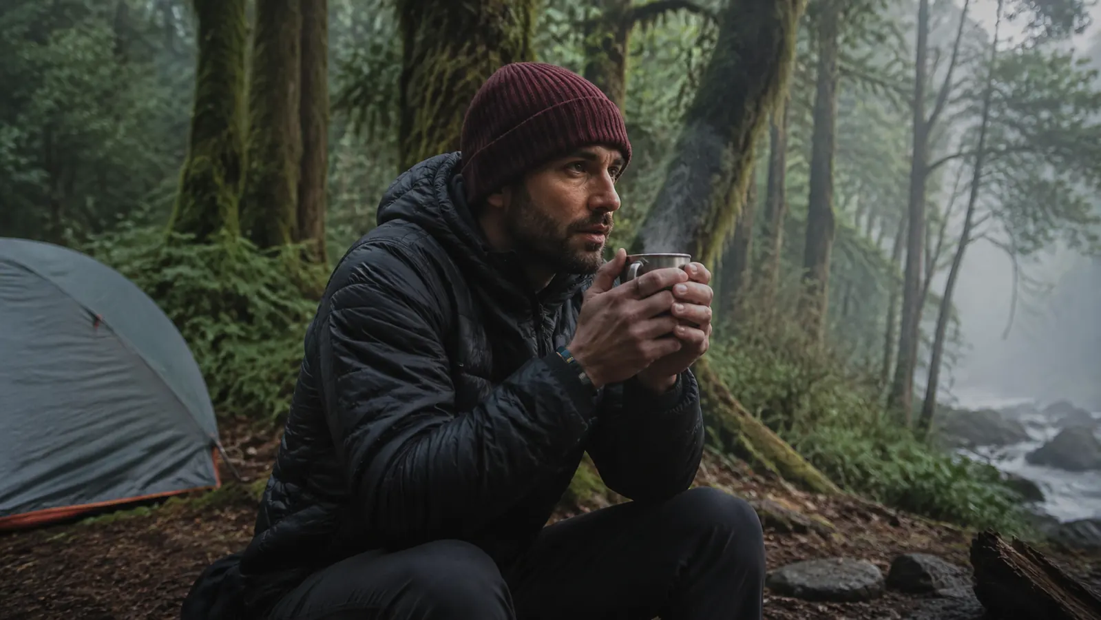 Backpacker warming hands around a titanium mug of steaming water at a trailside camp in morning mist