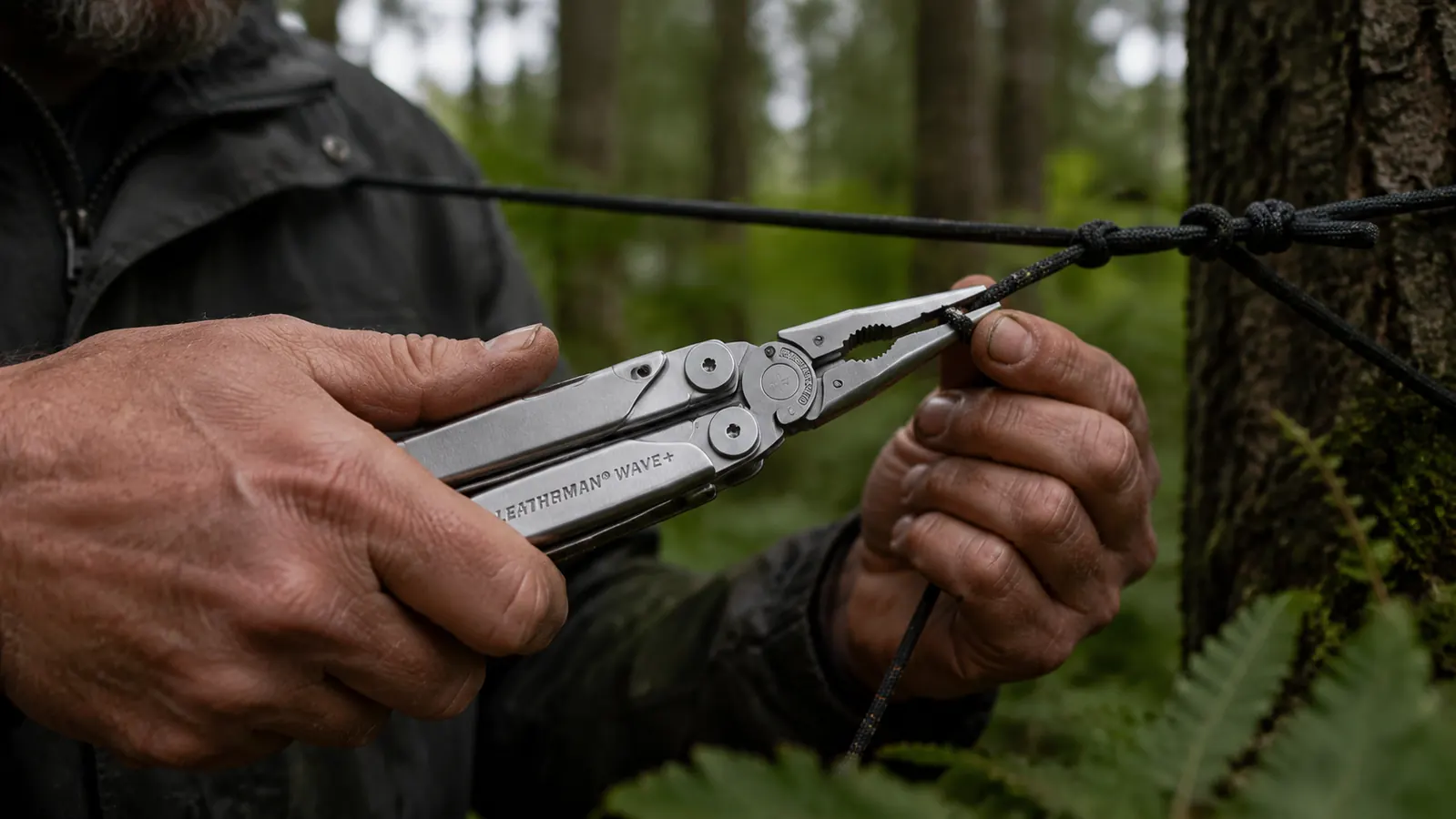 Hand using Leatherman Wave+ pliers to crimp a cord knot on a ridgeline at a forested campsite