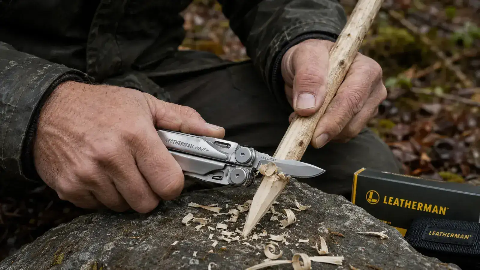 Leatherman Wave+ blade used to whittle a tent stake from a downed alder branch