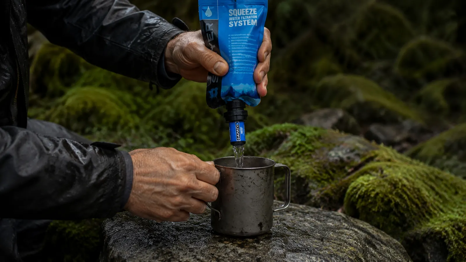 Hand holding a Sawyer Squeeze filter attached to a full soft flask, squeezing water through into a camp mug