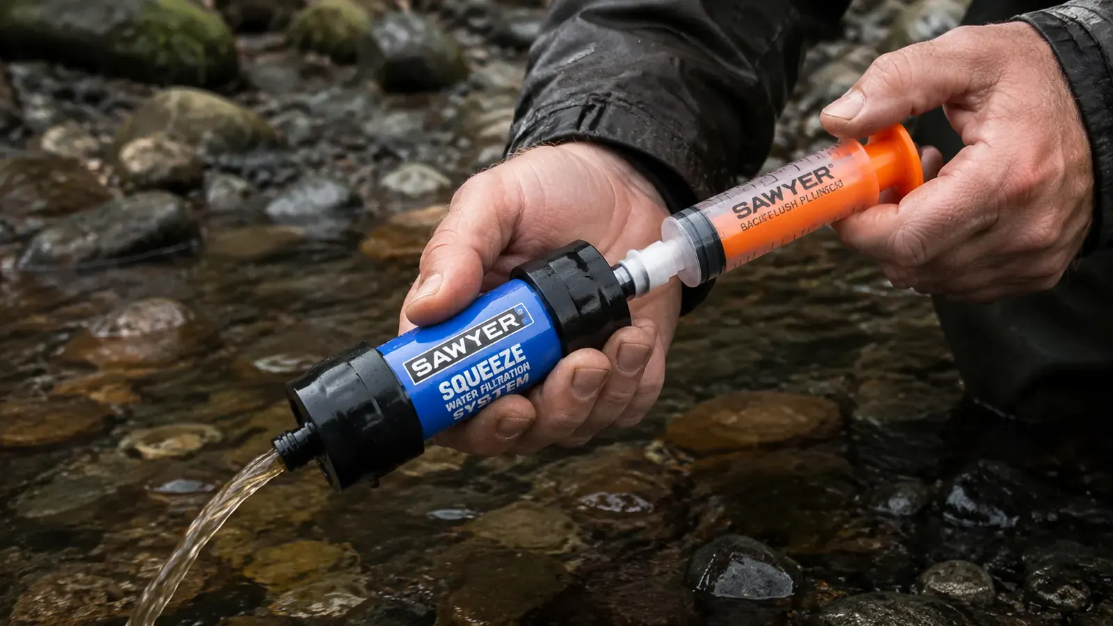 Sawyer Squeeze filter being backflushed with the included syringe over a stream, showing dirty water flushing out of the input end