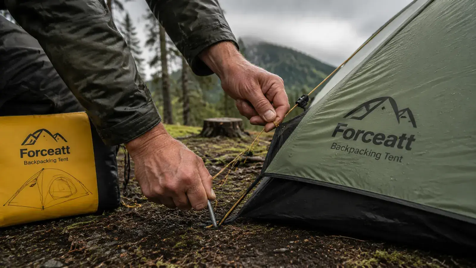 Forceatt backpacking tent being set up on a flat rocky site with the rainfly fully tensioned, visible guy lines staked out
