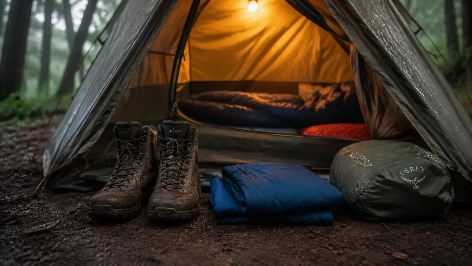 Gear layout inside a tent vestibule showing wet boots, rain jacket, and pack cover organized to stay dry overnight