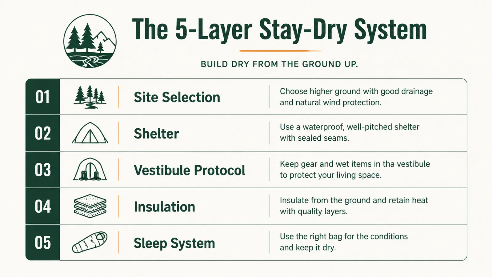 Chart showing the five-layer wet camping system: site, shelter, vestibule, insulation, sleep system