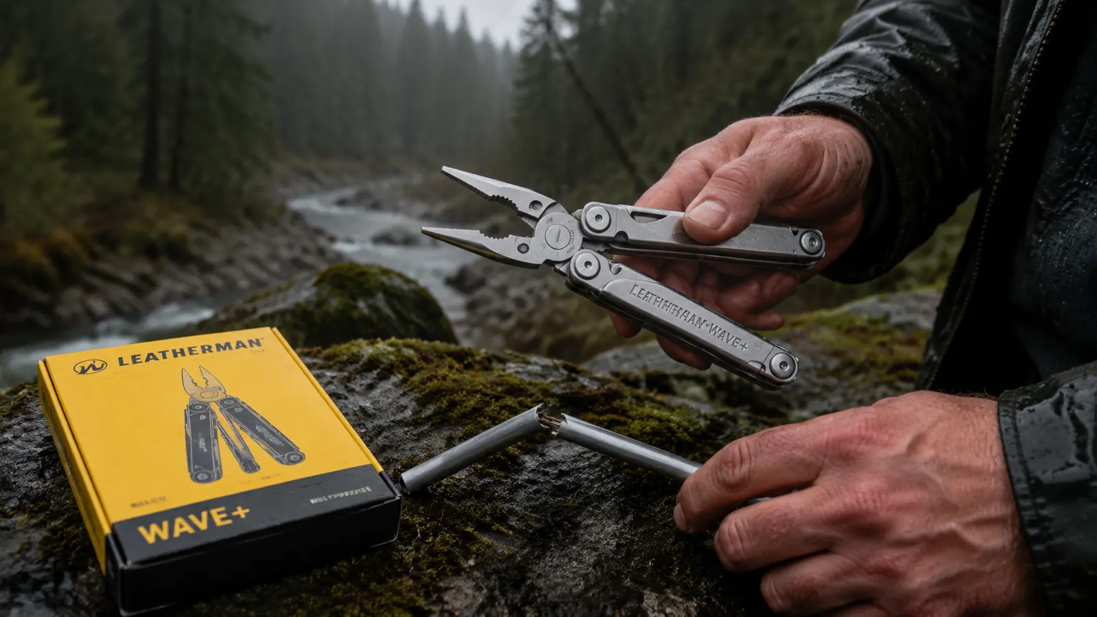 Leatherman Wave Plus multi-tool open with pliers extended, held in a weathered hand over a collapsed tent pole section