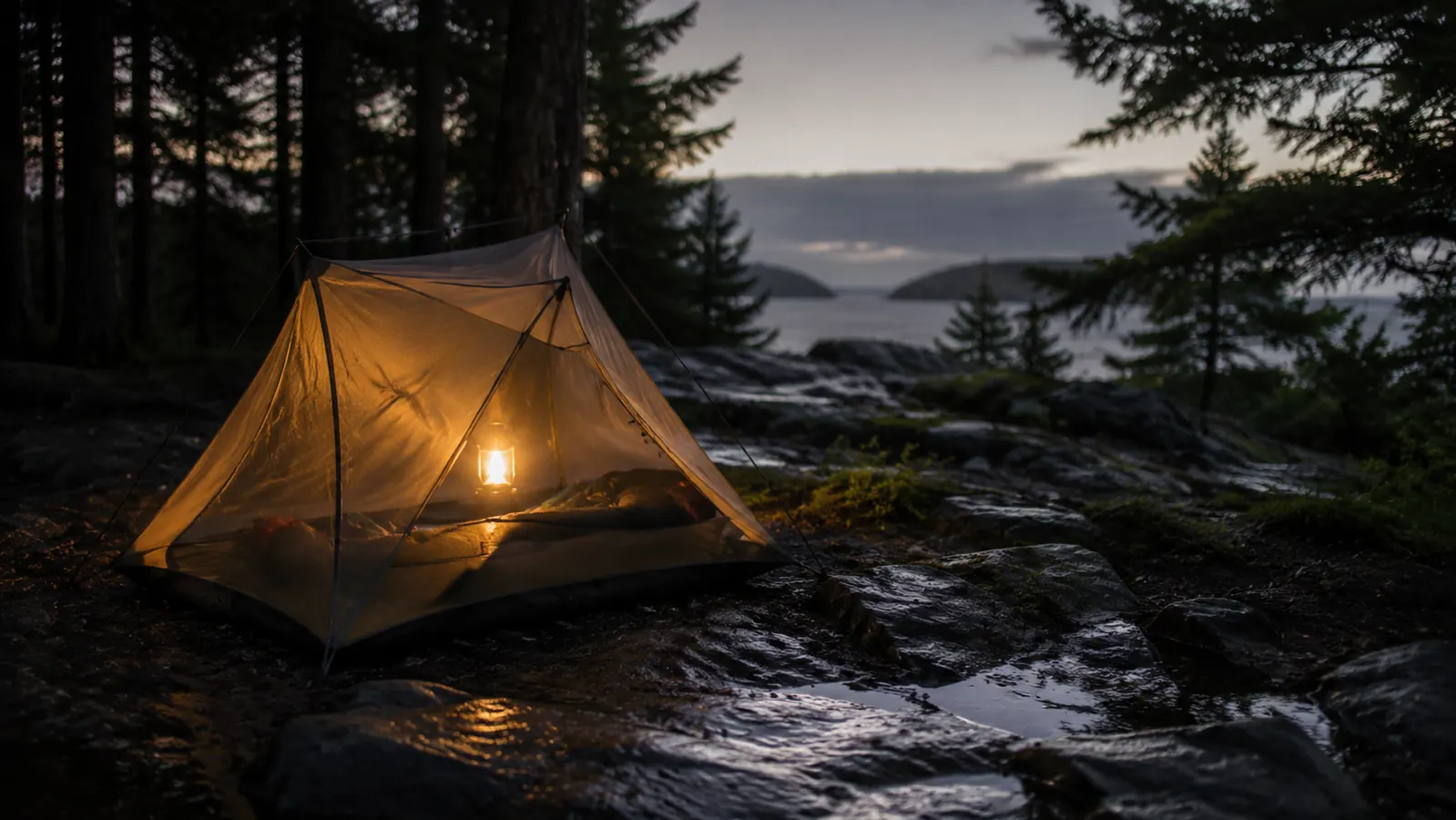 Tent pitched on a rocky forest site at dusk, pole repaired with a stick splint and paracord, lantern glowing inside