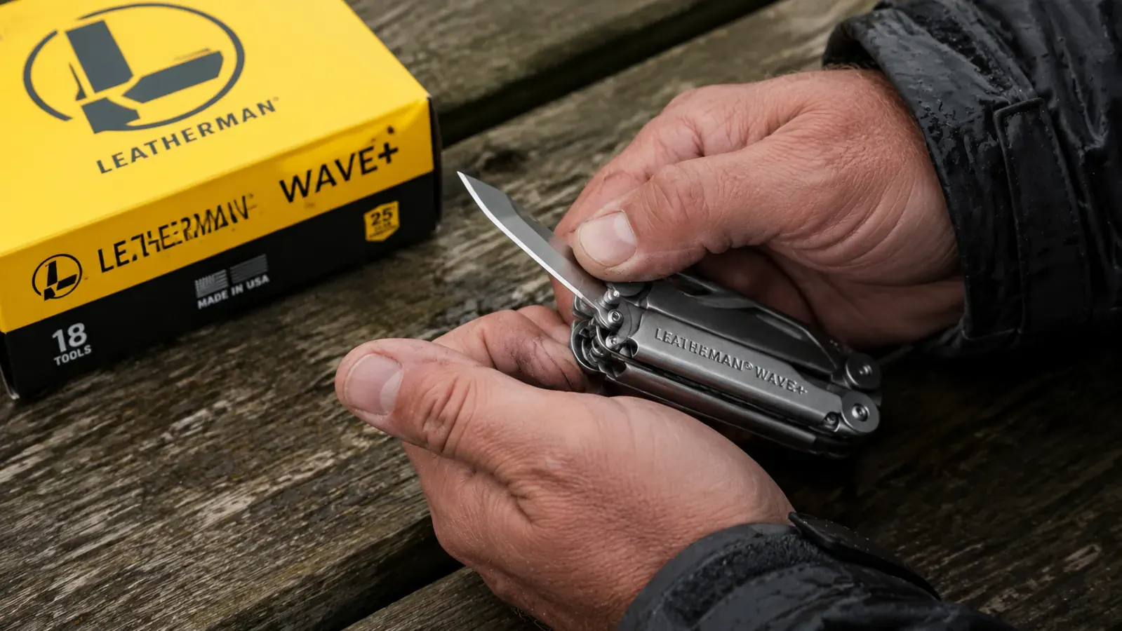 Person using one thumb to flick open the Leatherman Wave+ outer blade, showing the awkward thumb-stud technique