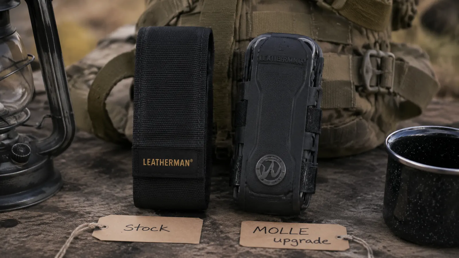Side-by-side comparison of Leatherman Wave+ original nylon sheath and a MOLLE-compatible aftermarket sheath on a backpack