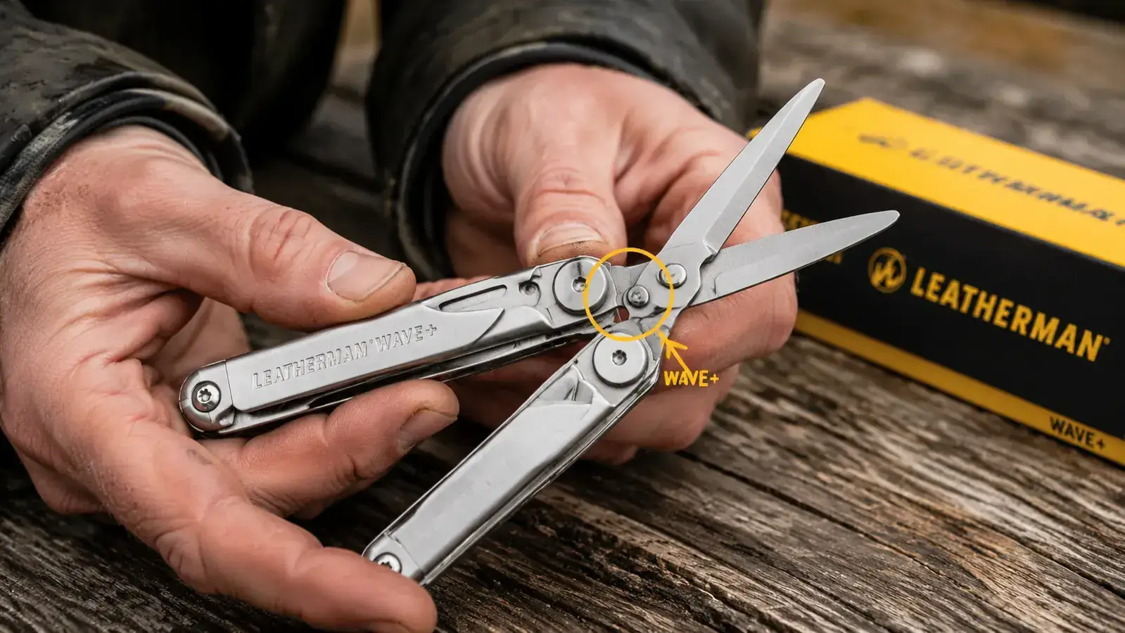 Leatherman Wave+ scissors close-up showing the spring mechanism and where fatigue typically develops near the pivot