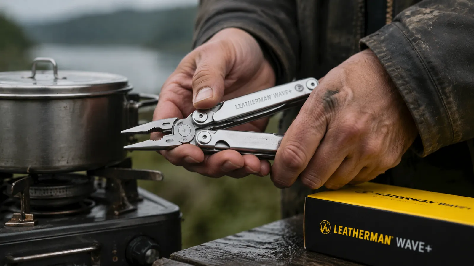 Hands unfolding the Leatherman Wave+ needle-nose pliers over a camp cookpot