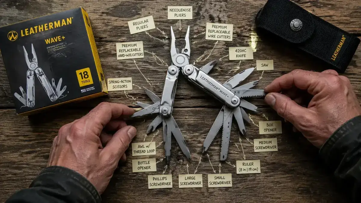 Leatherman Wave+ all 18 tools fanned open on a wood surface showing blade, pliers, scissors, files, screwdrivers and saw