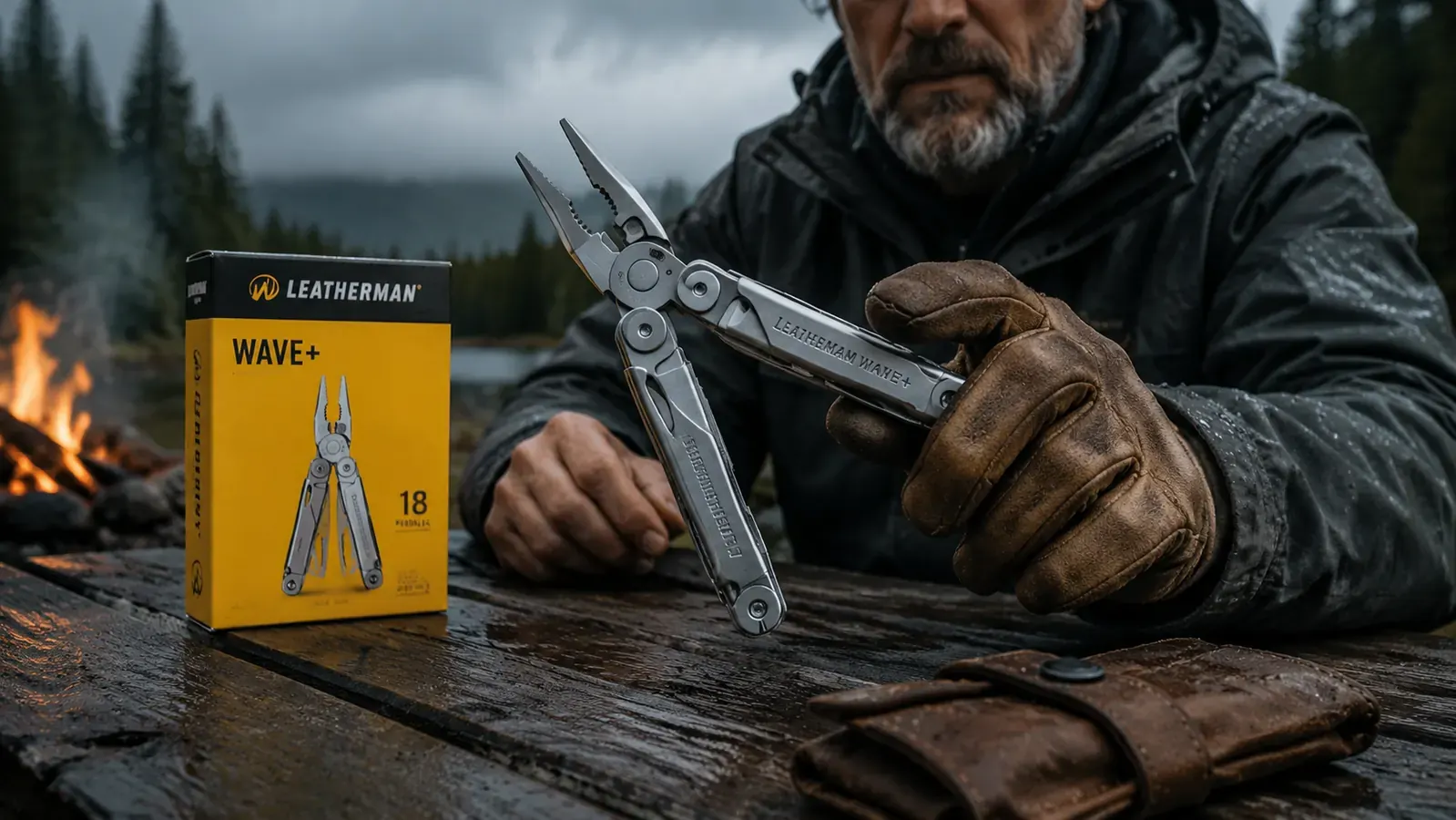Leatherman Wave+ held in gloved hand, pliers extended, with a campfire ring in the background