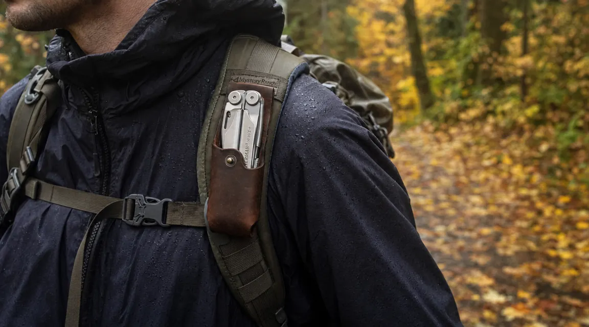 Leatherman Wave+ clipped to the shoulder strap of a backpack on a Washington state trail in autumn