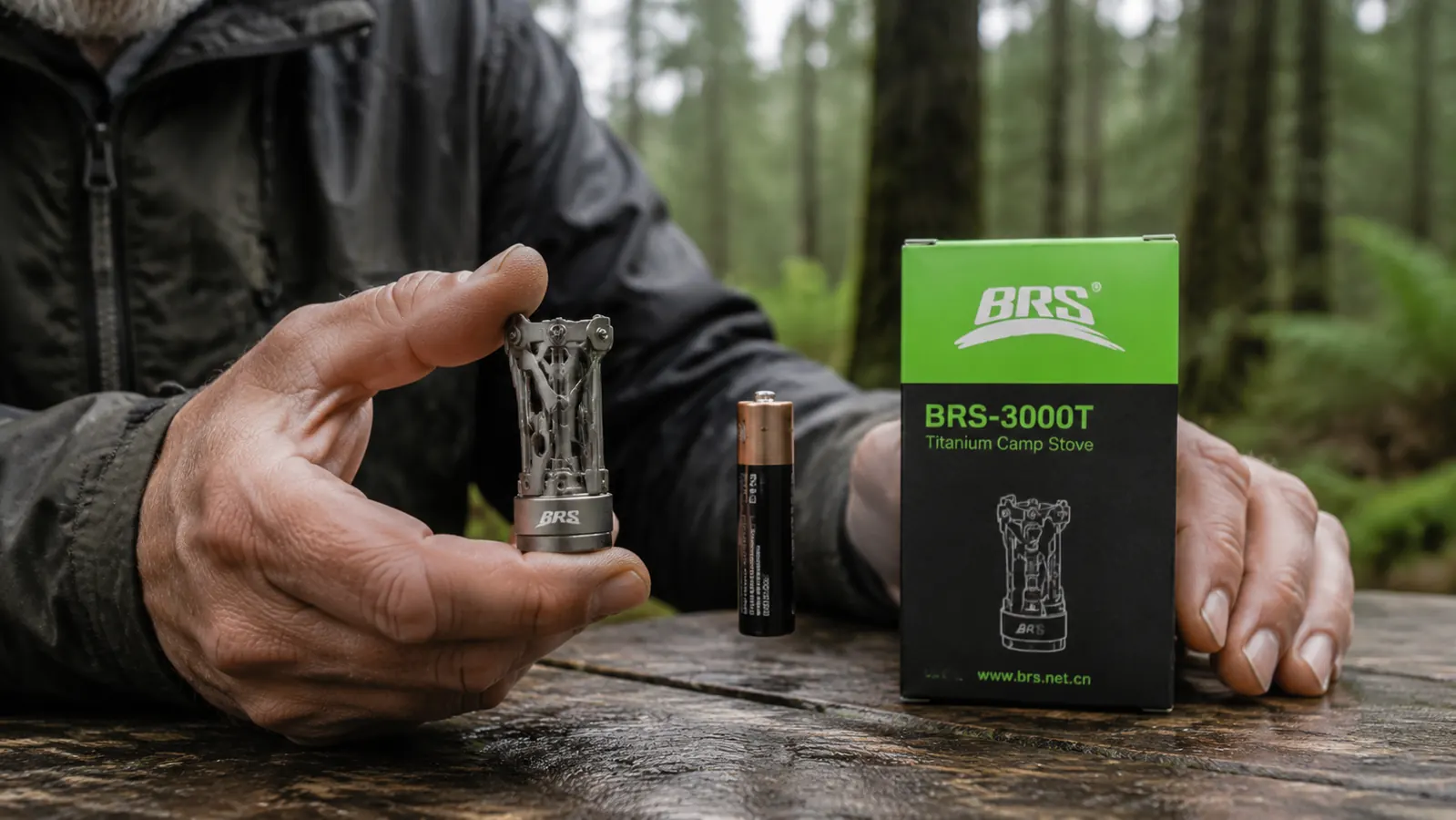 Hand holding the BRS-3000T titanium stove next to a AA battery to show how small it is