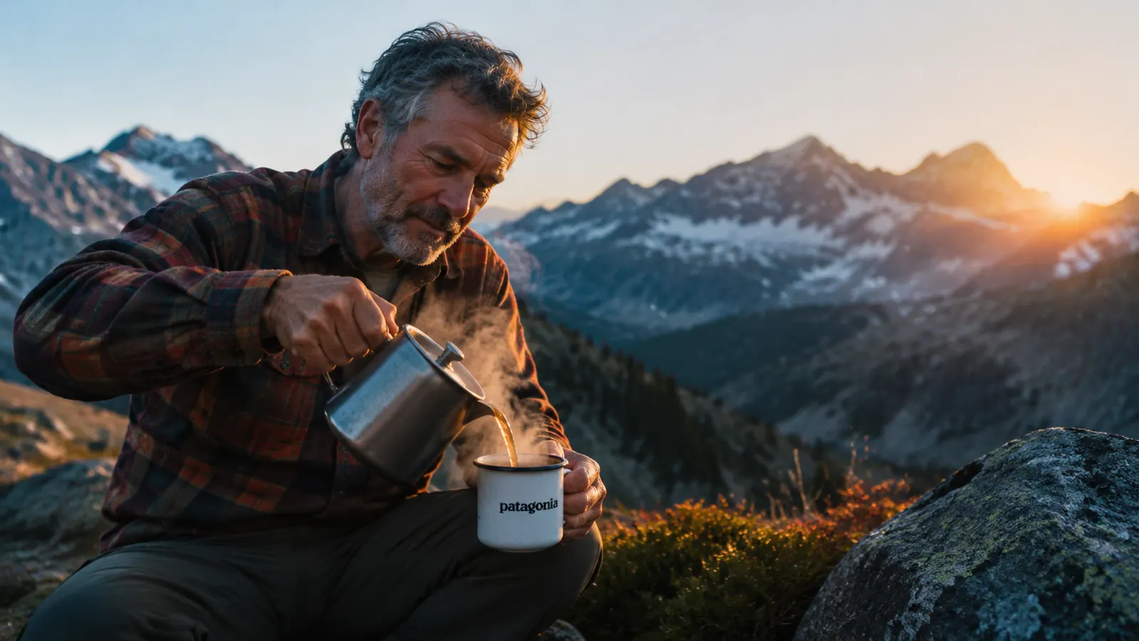 Backpacker pouring steaming water from a small titanium pot into a camp mug at a ridgeline campsite
