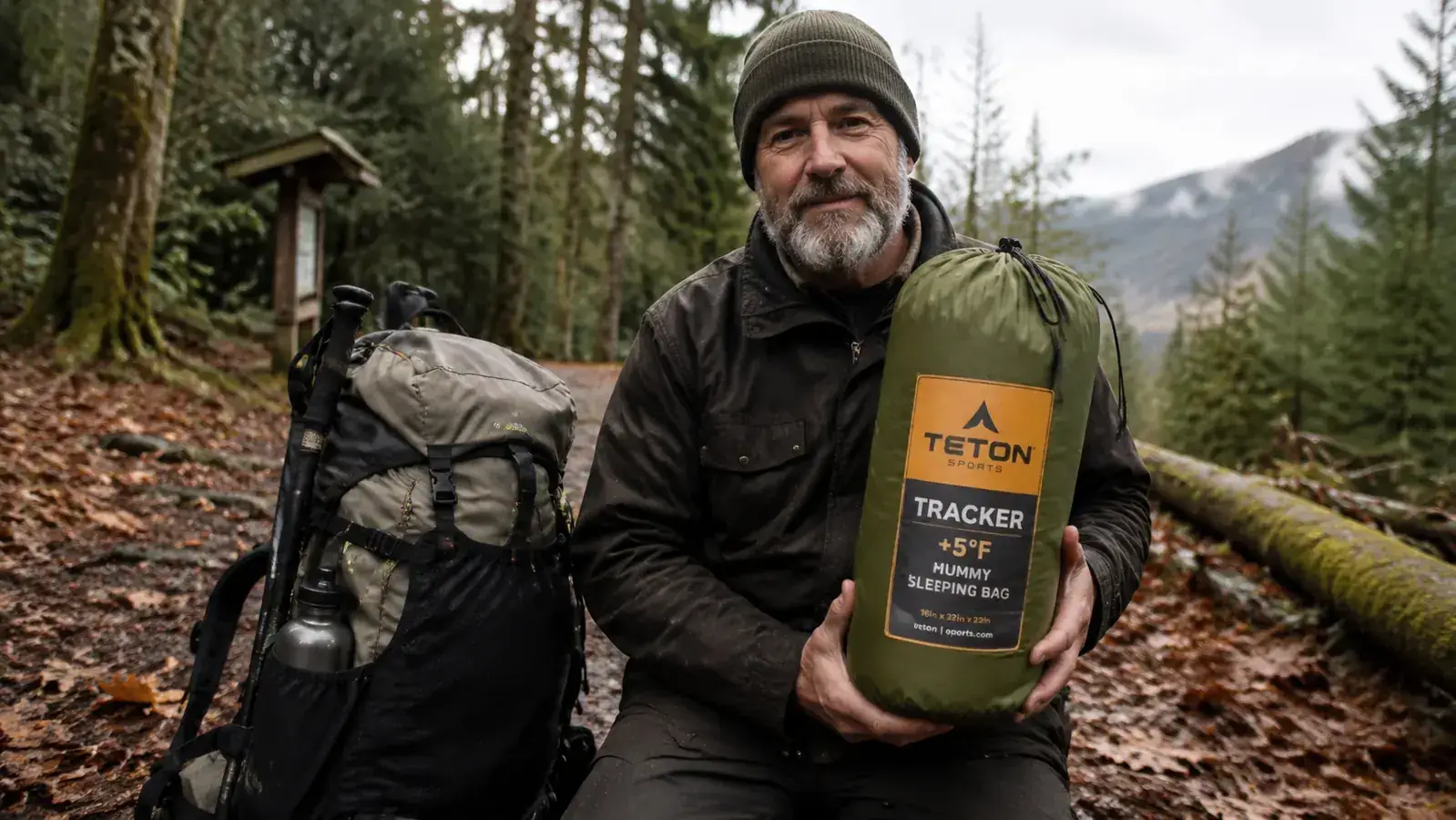 Man holding a TETON Sports Tracker mummy sleeping bag next to a loaded backpack at a trailhead in Washington state