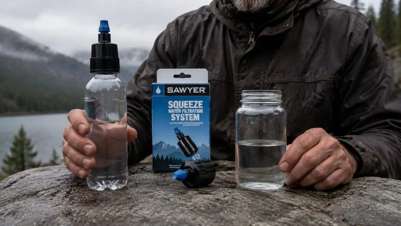 Sawyer Squeeze filter screwed onto a Smartwater bottle versus a wide-mouth Nalgene, showing thread compatibility difference