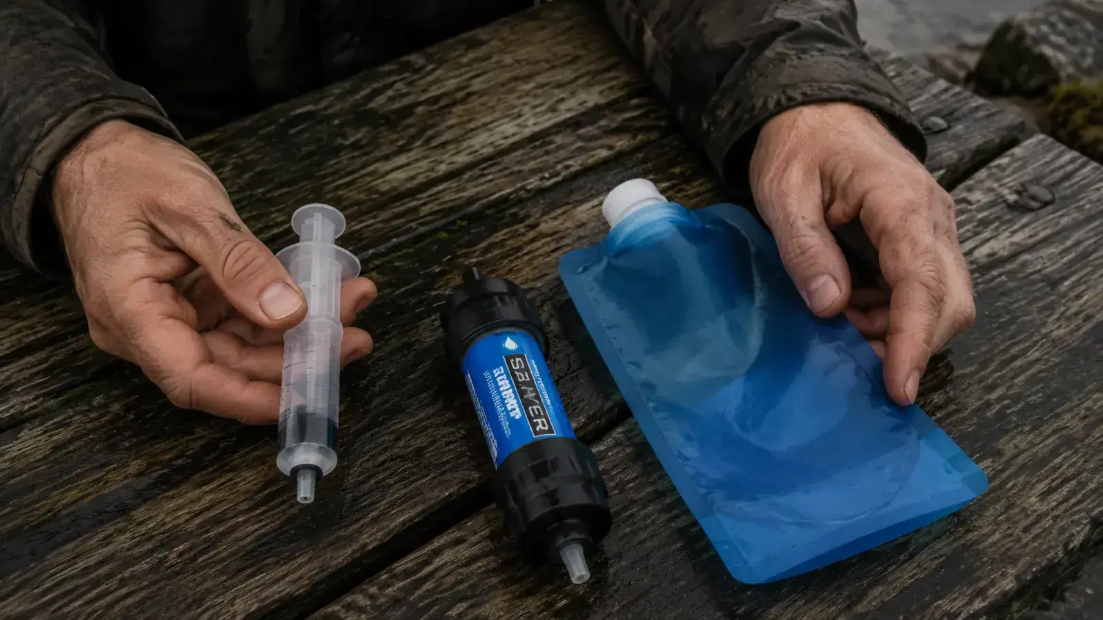 Sawyer backflush syringe with a cracked plunger collar next to a replacement CNOC Vecto soft bag on a picnic table