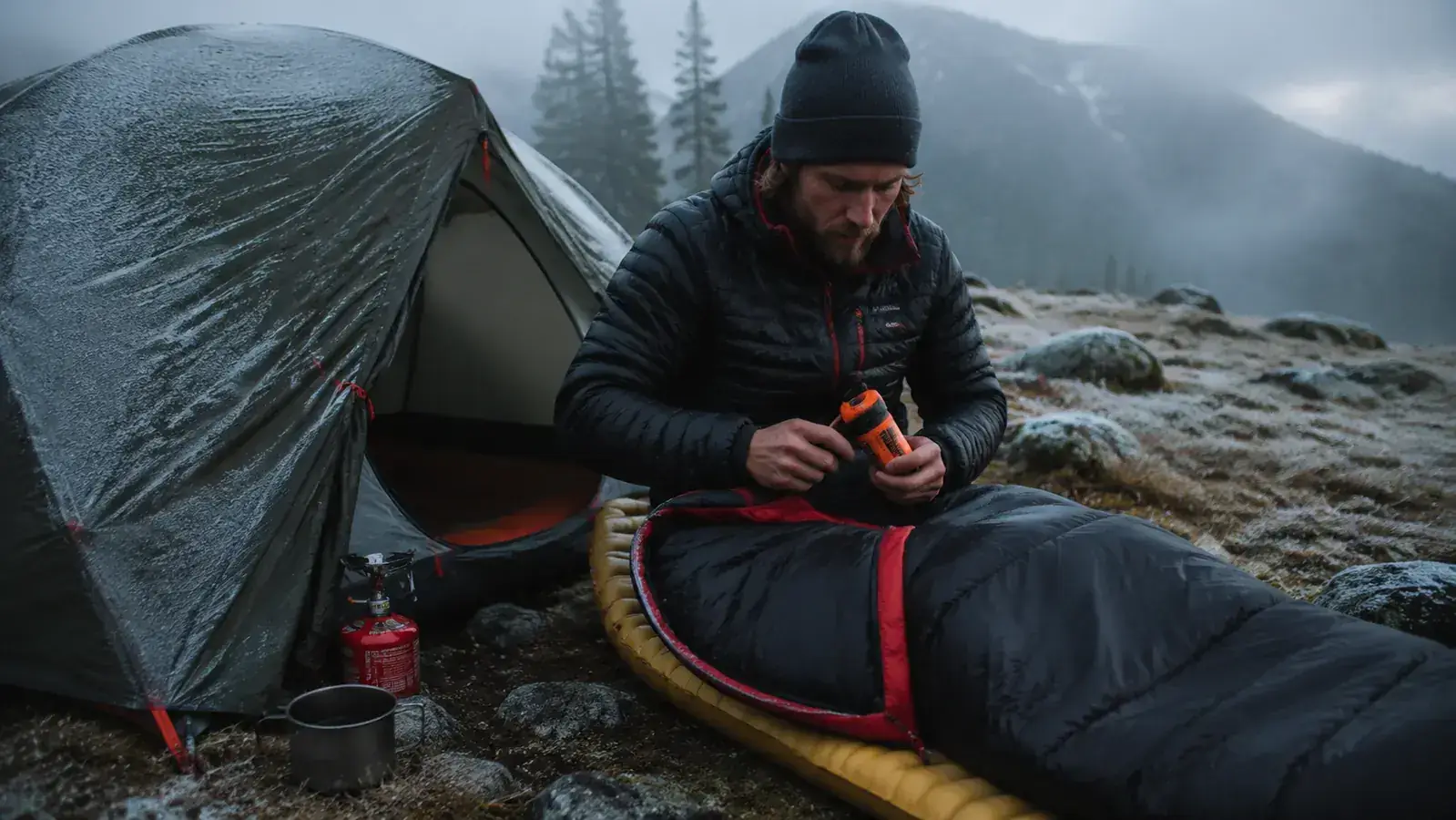 Backpacker checking a filter at camp on a frosty October morning in the Cascades, filter tucked into a sleeping bag