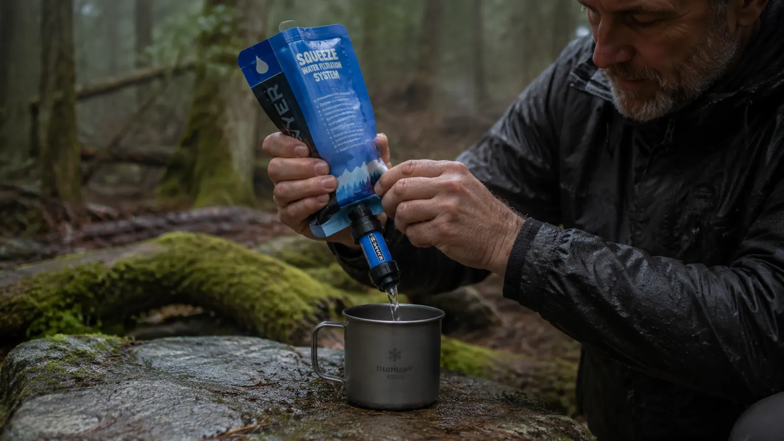 Hand holding a Sawyer Squeeze filter attached to a blue squeeze pouch, squeezing filtered water into a titanium cup