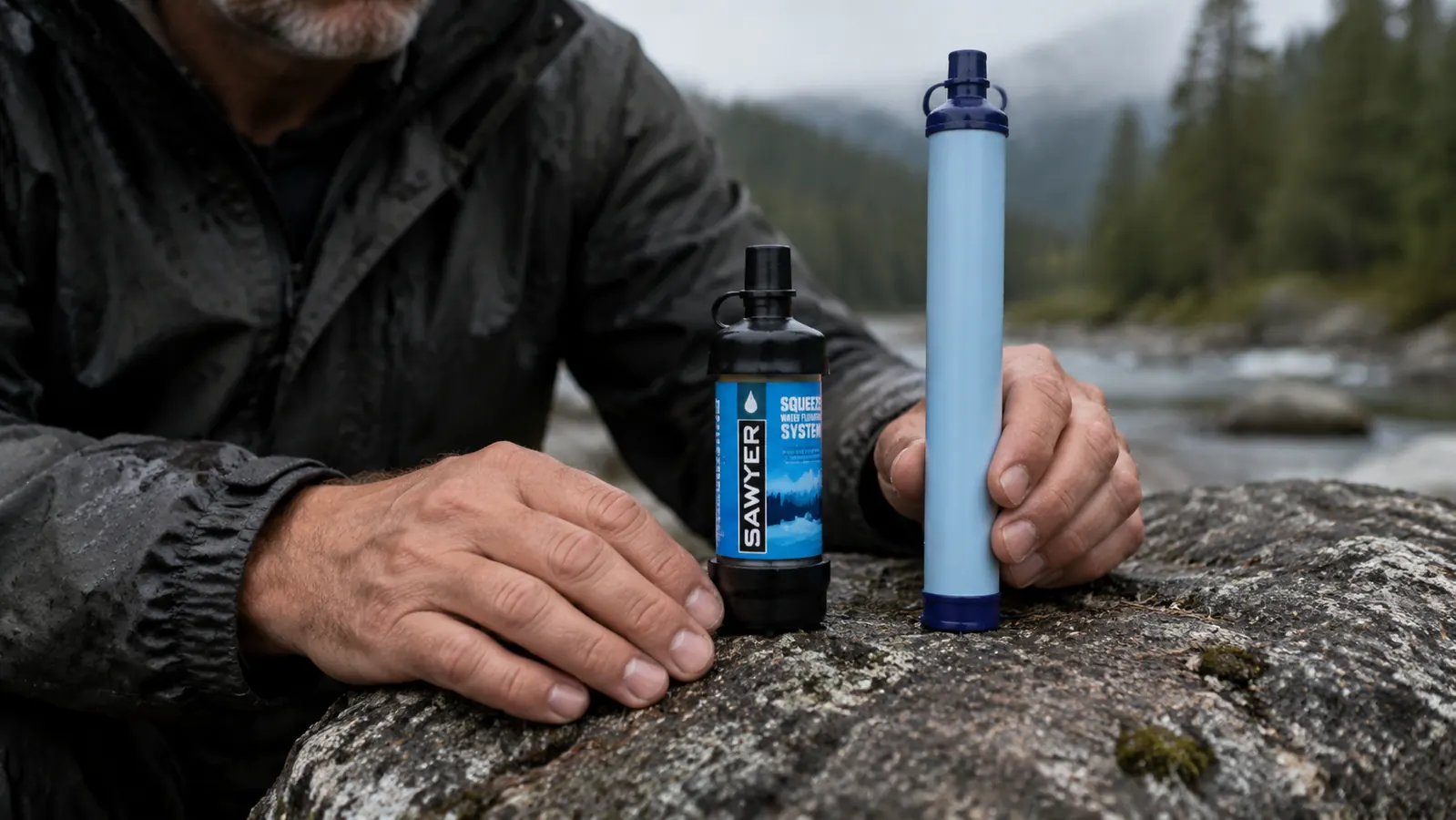 Close-up of a Sawyer Squeeze filter next to a LifeStraw filter on a flat rock for size comparison
